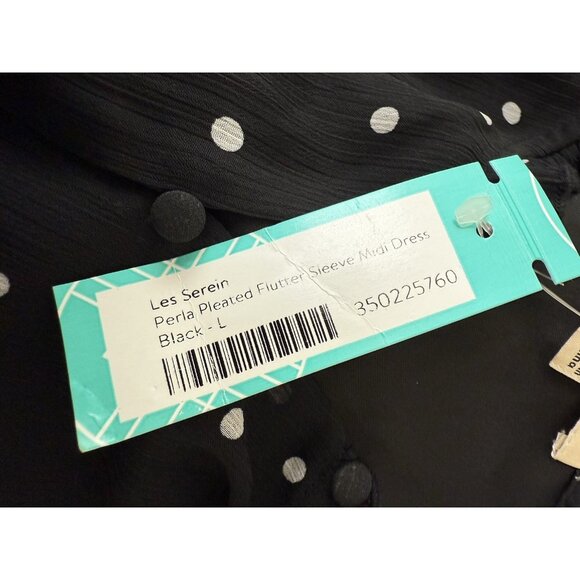 Les Serein Perla Black White Polka Dot Pleated Flutter Sleeve Dress Size L NWT - Picture 12 of 14